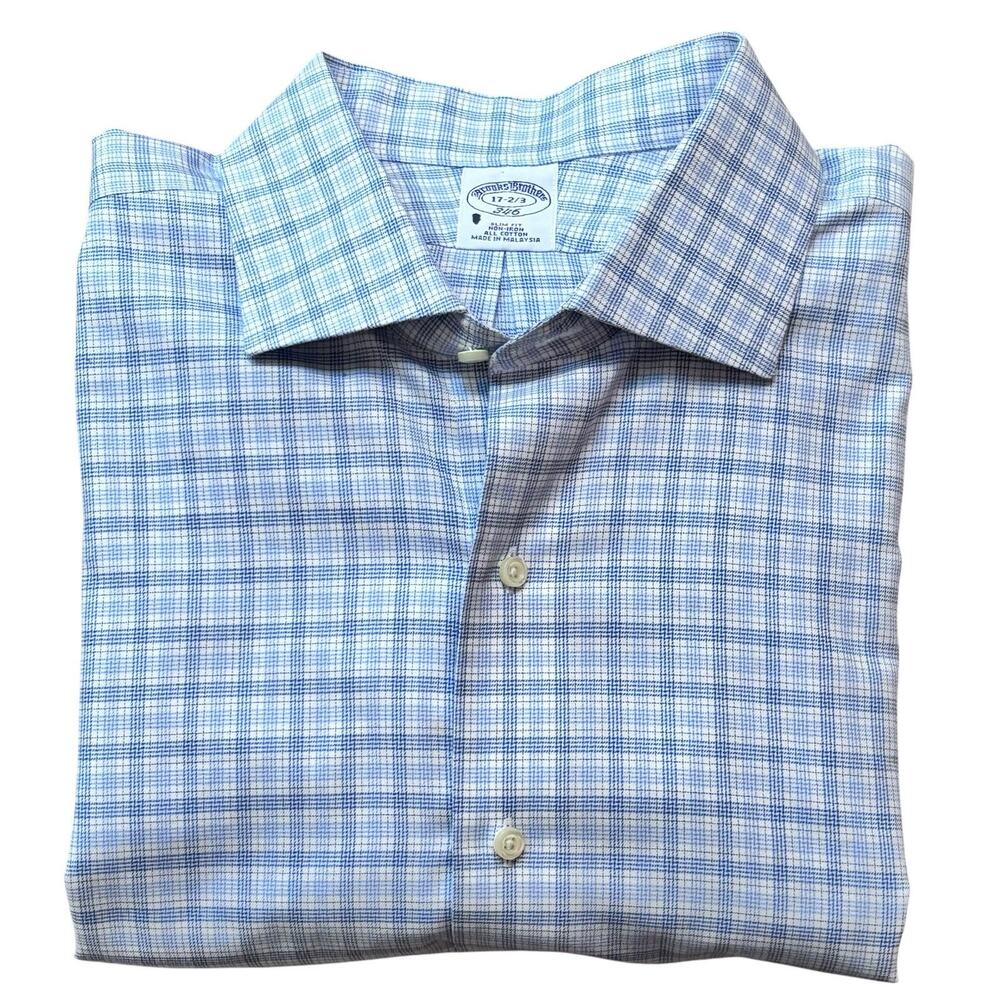 Brooks Brothers 346 Slim Fit Cotton Blue Plaid Spread Collar Button Down XL